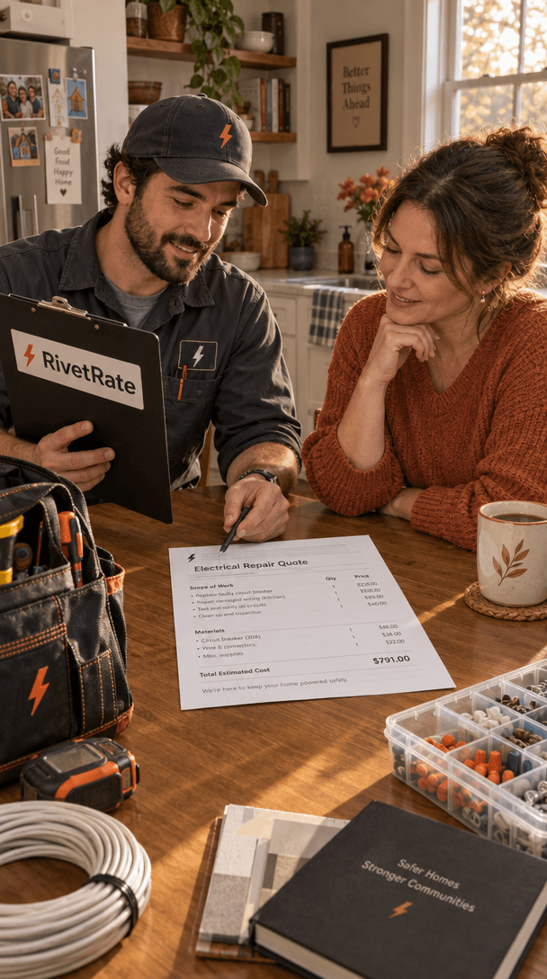 An electrical business owner and a homeowner reviewing a quote together at a kitchen table.